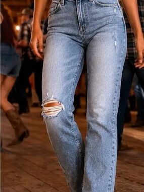 Lndn Landon Women Denim High Rise Straight Leg Distressed Jeans Waist